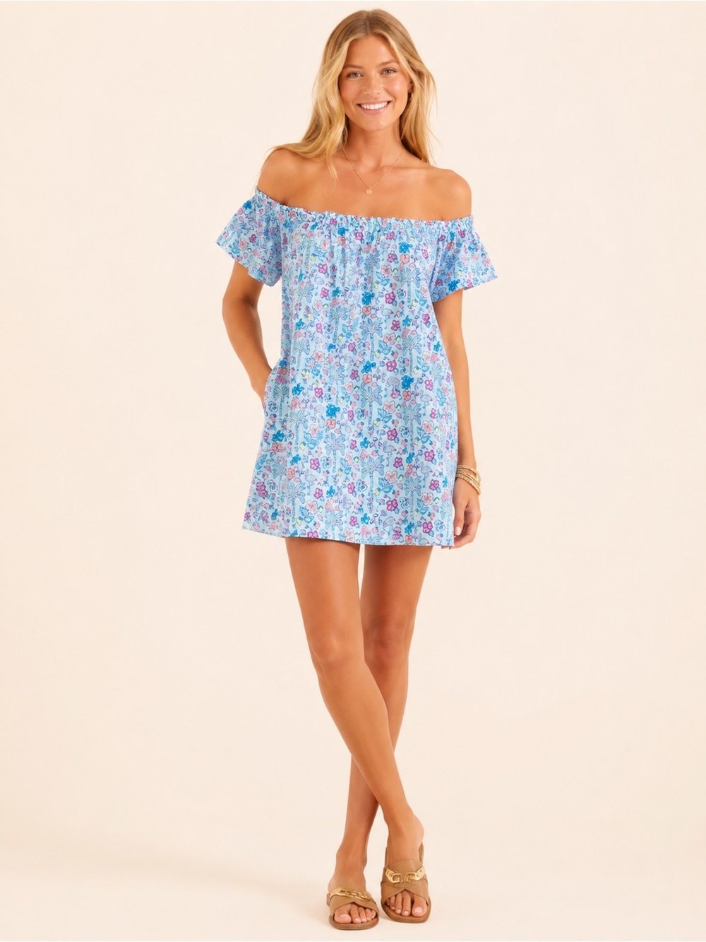 Vineyard Vines Blue Floral Flamingos Off Shoulder Mini Dress Size Large $99